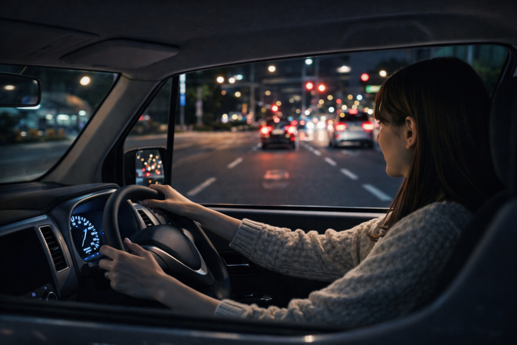 夜の運転に不安を感じるペーパードライバー女性と助手席でサポートするインストラクター