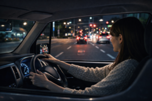 夜の運転に不安を感じるペーパードライバー女性と助手席でサポートするインストラクター