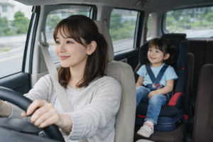 子どもをチャイルドシートに乗せて慎重に運転する女性ペーパードライバー