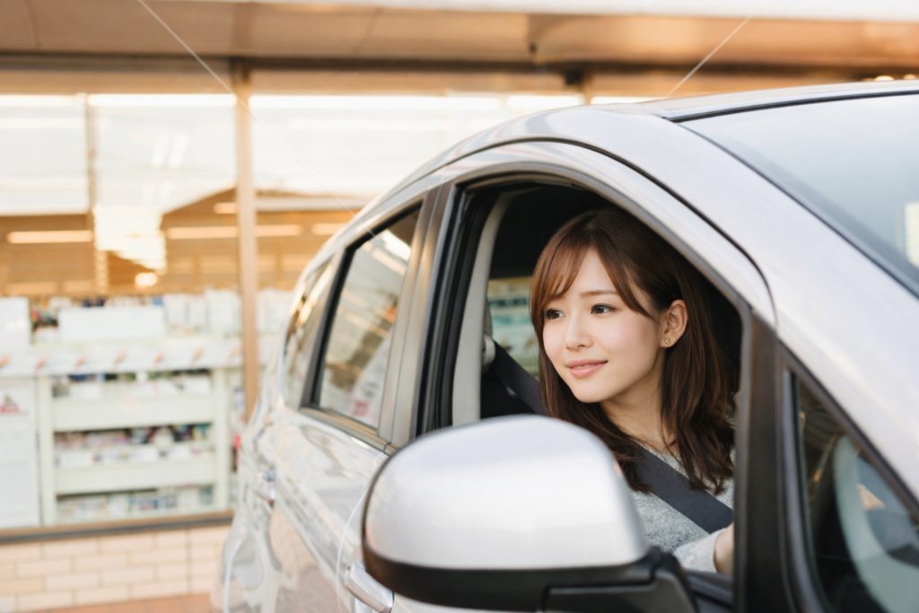 駐車が苦手なペーパードライバーが広い駐車場で基本練習をしている様子